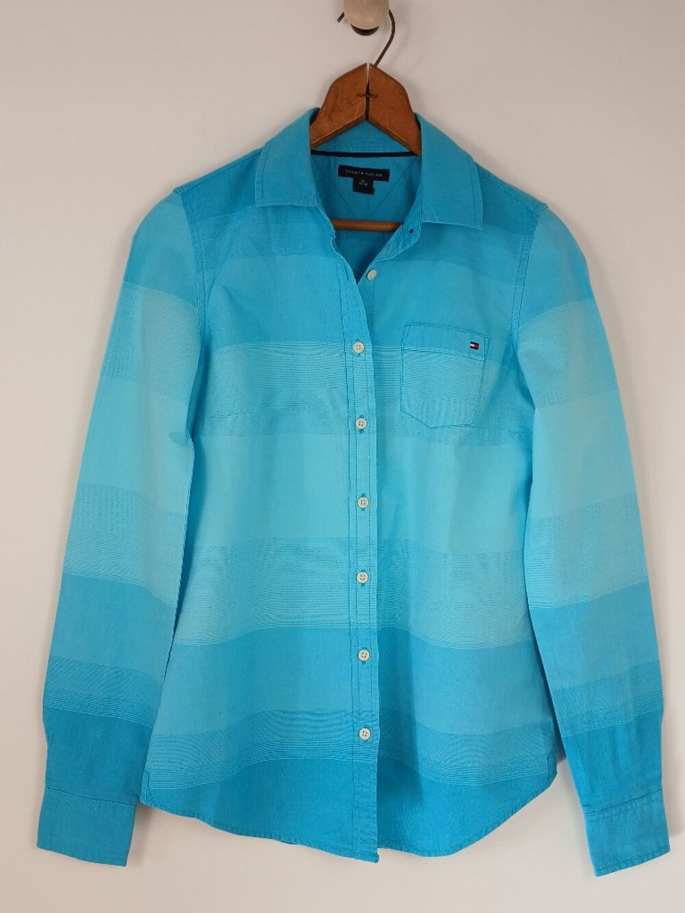 Tommy Hilfiger Womens XS Turquoise Striped Button Down Shirt Coastal Preppy